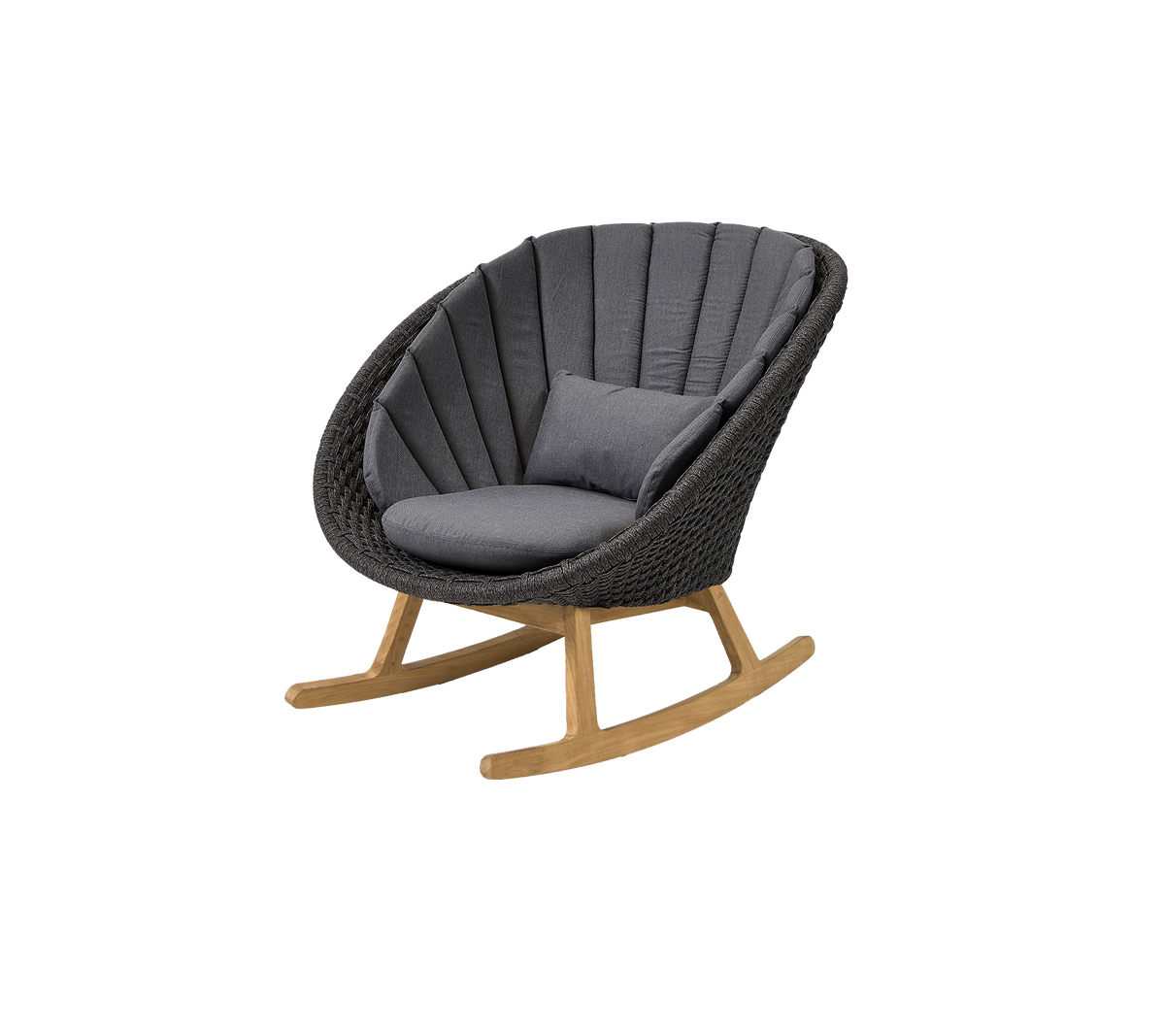 Stylish rocking chair with a curved design, featuring a comfortable gray cushion and a natural wood base for a modern touch.