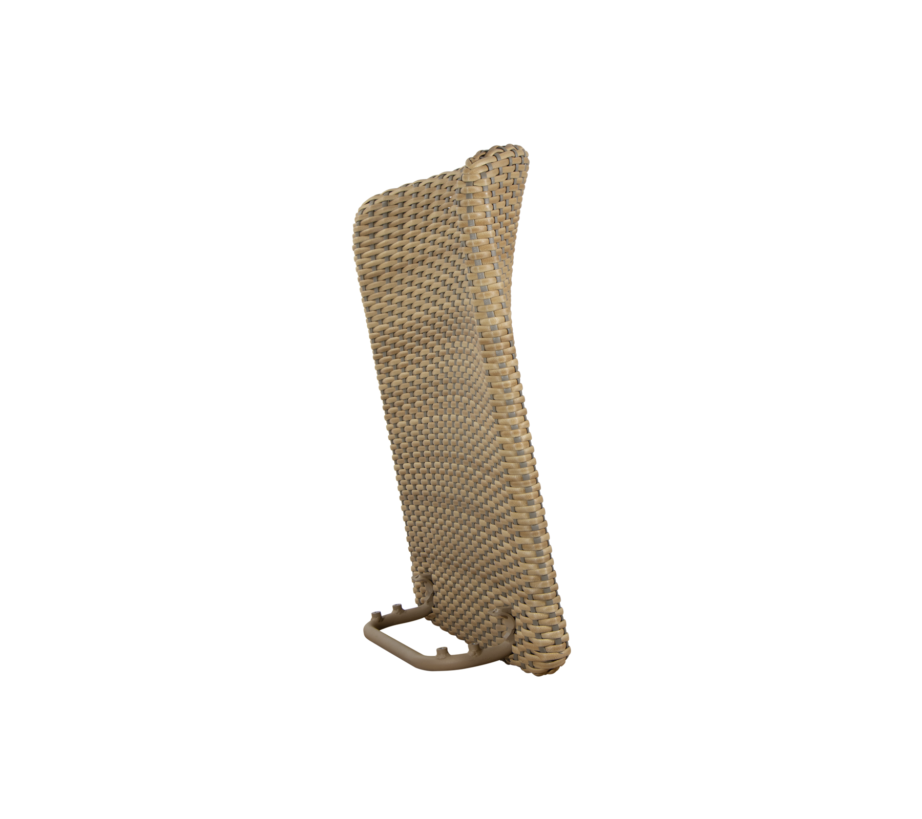 A woven backrest designed for comfortable seating, featuring a curved shape and sturdy support base. Ideal for relaxation.
