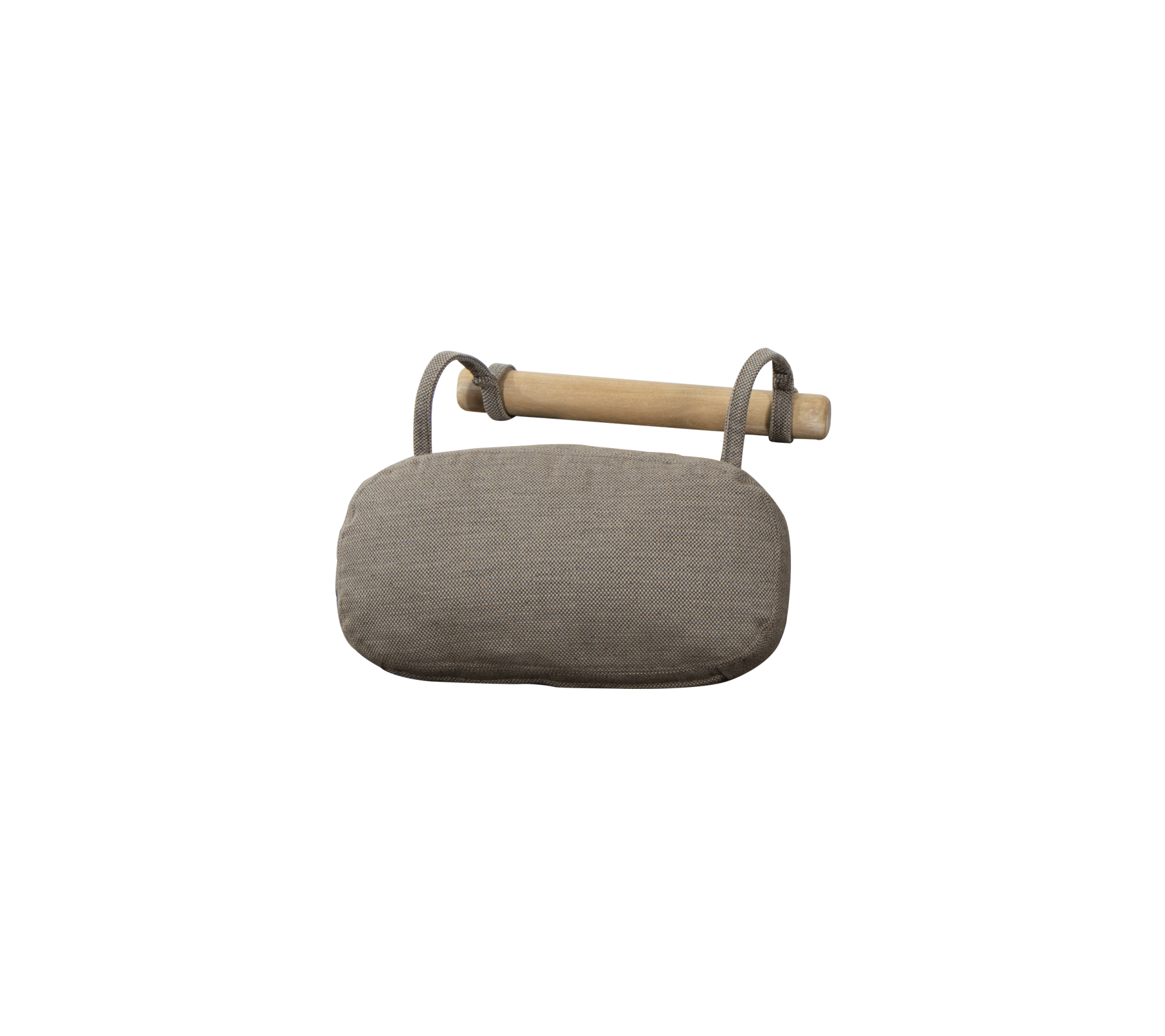 Grey cushion with a wooden handle, designed for comfort and support. Suitable for various uses.