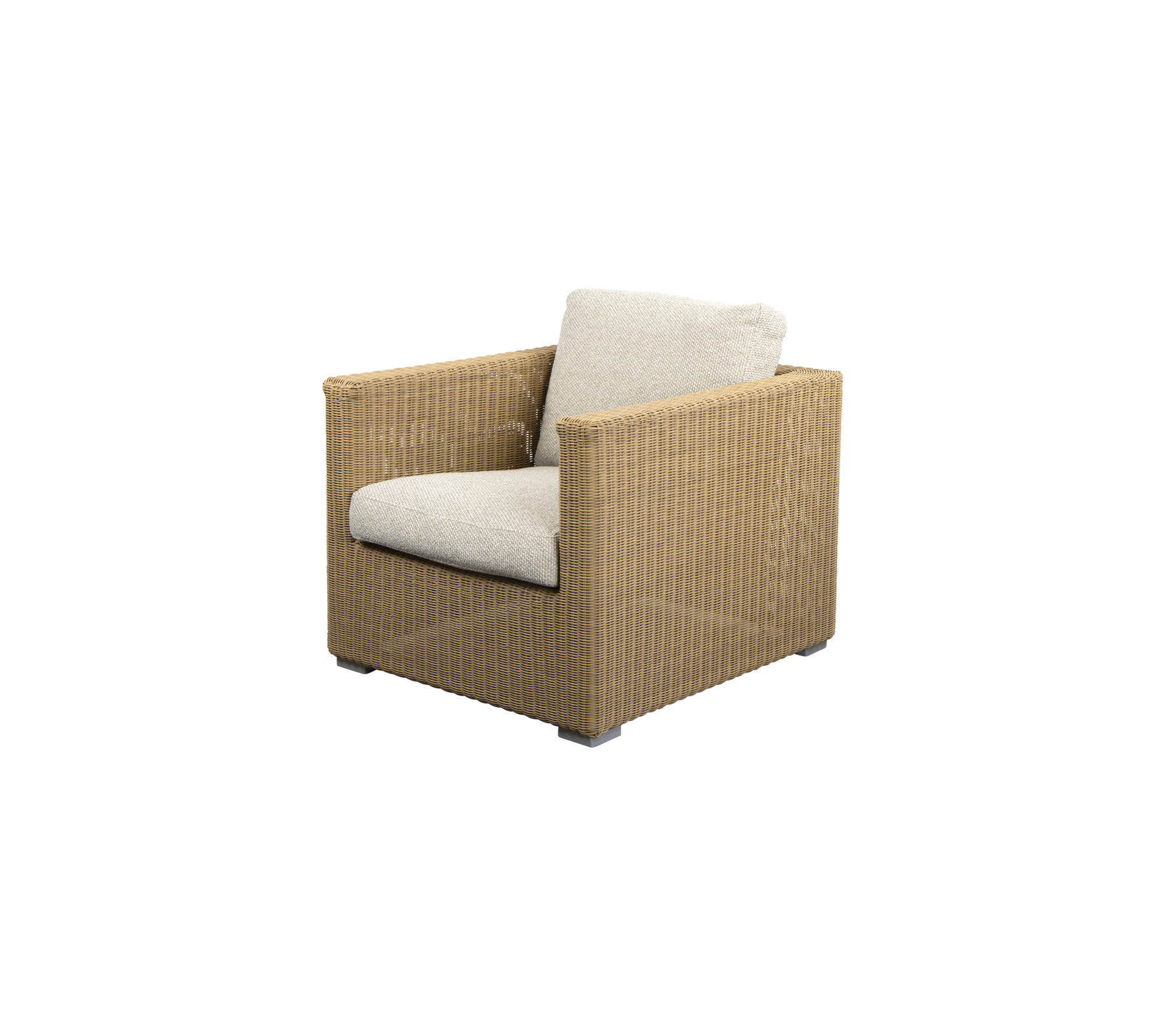 Stylish armchair with a woven exterior and a light-colored cushion, perfect for adding comfort and elegance to any space.