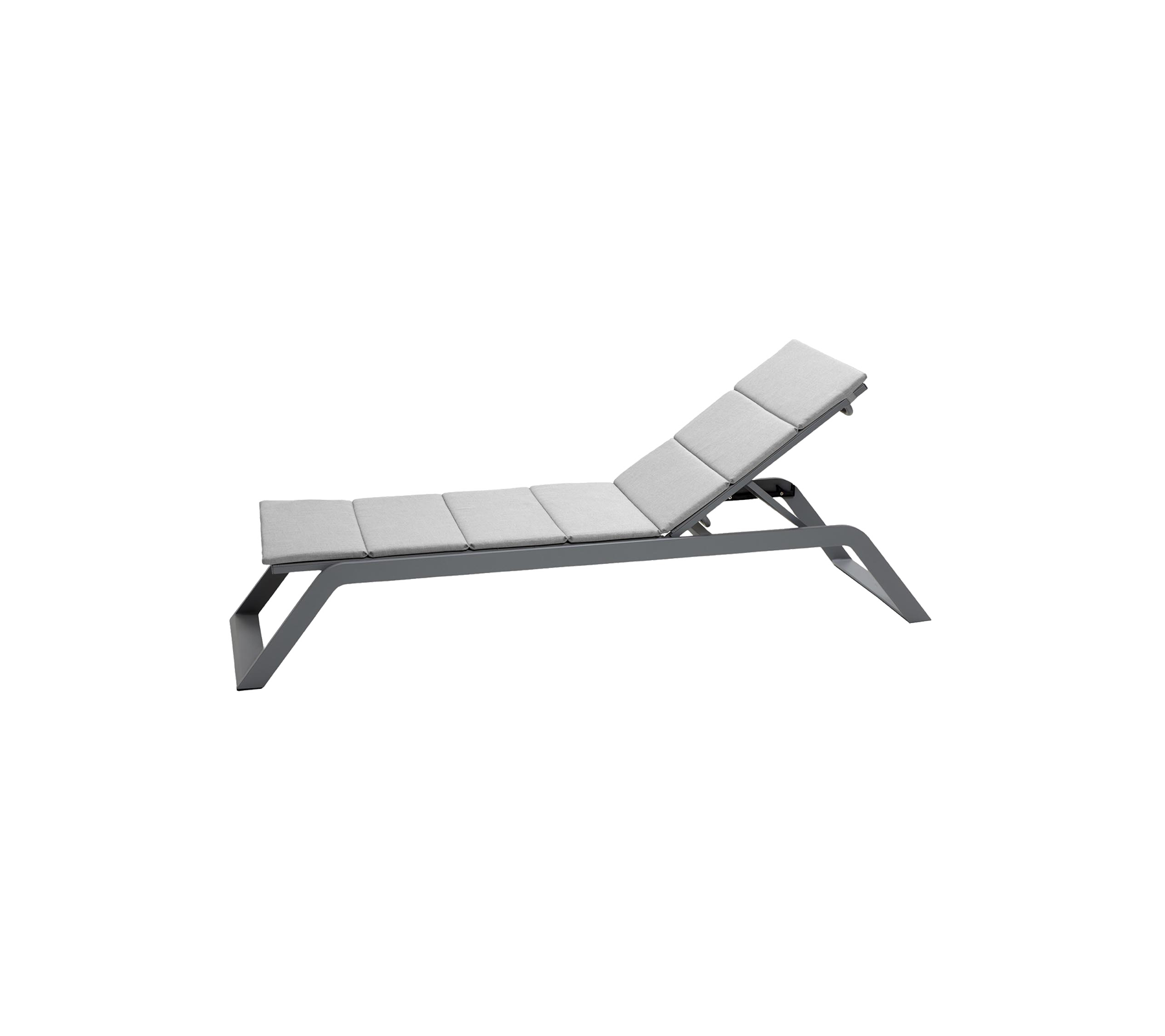 Modern lounge chair with a sleek, gray frame and cushioned seating, designed for relaxation and comfort.