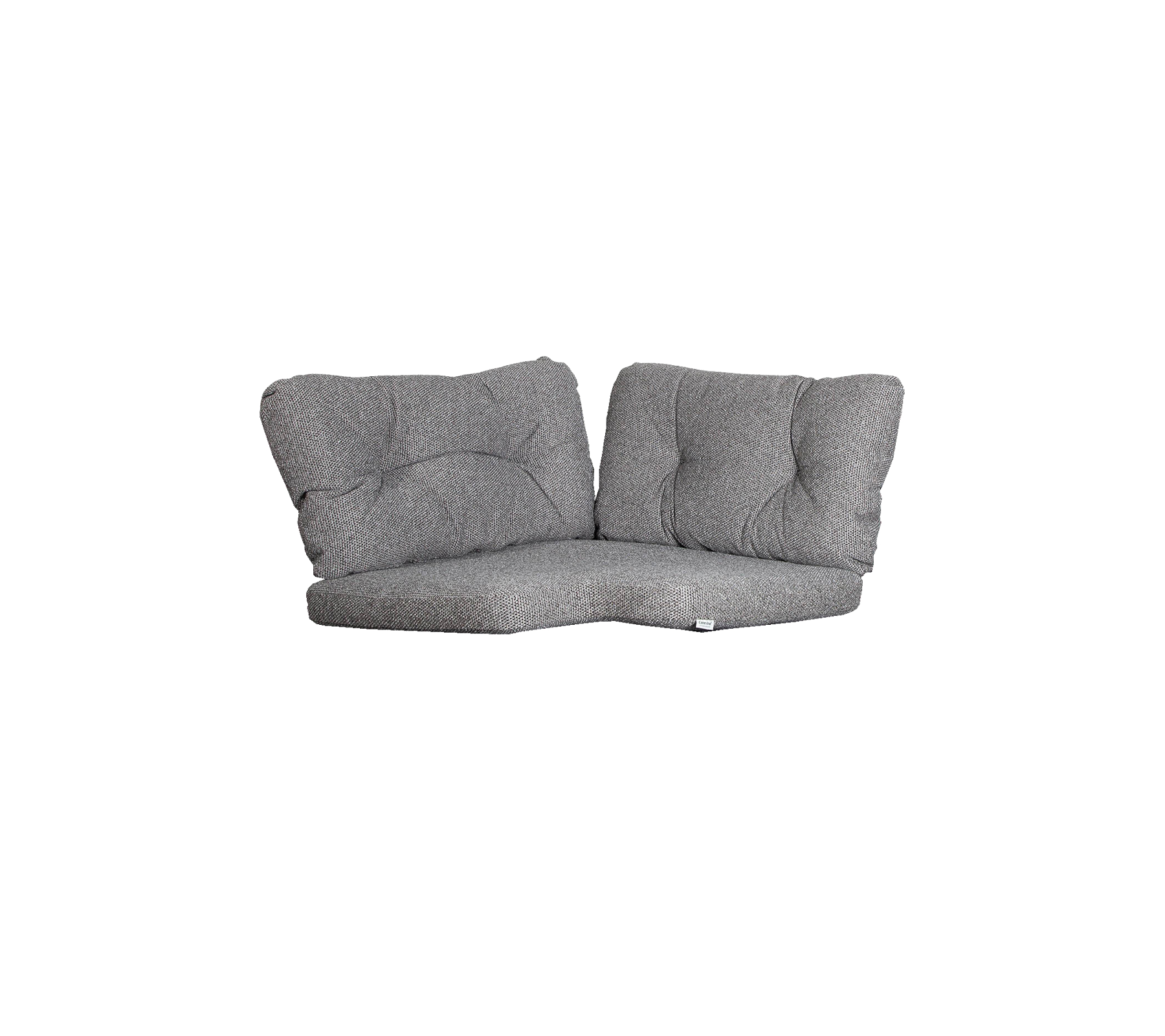 Grey two-seater lounge with plush cushions, featuring a modern design and curved shape for comfort and style.