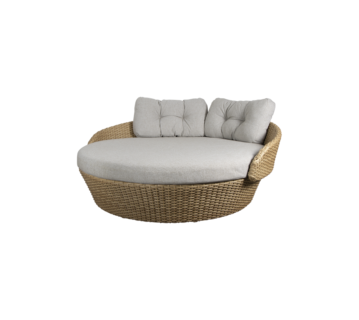 Round wicker lounge chair with soft gray cushions, designed for comfort and relaxation. Ideal for lounging or socializing.