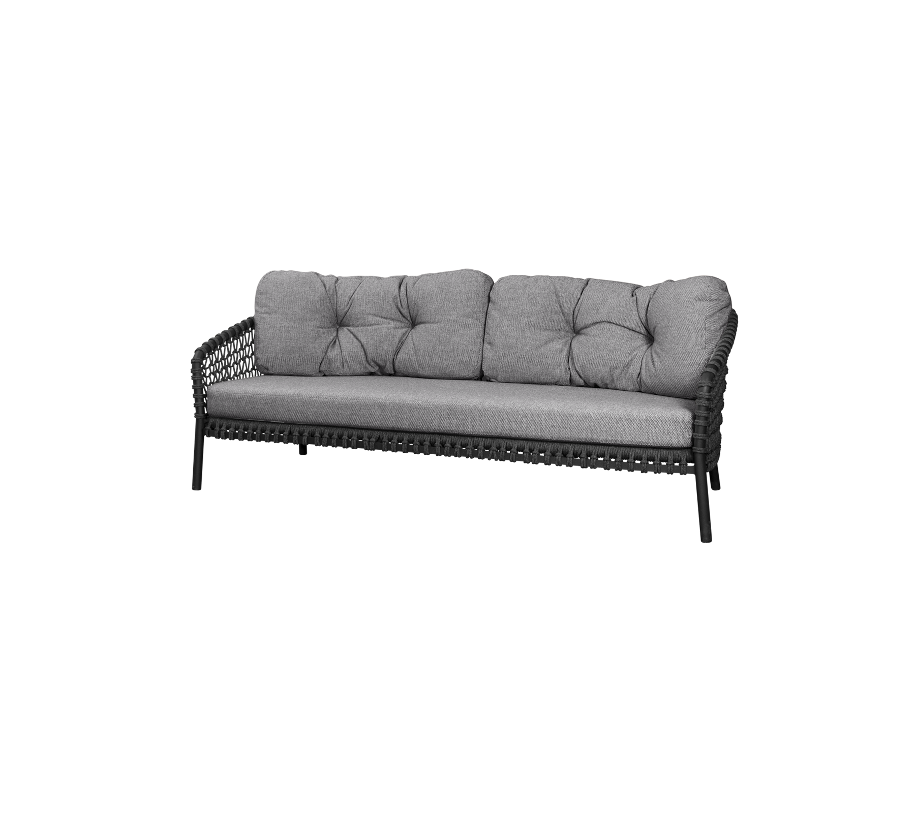 Stylish three-seater sofa with plush gray cushions and a sleek woven frame, perfect for comfortable lounging.