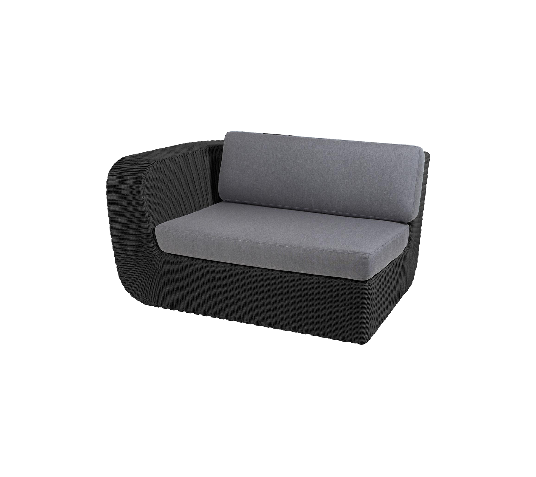 Modern two-seater sofa with a sleek black wicker frame and soft gray cushions for comfort and style. Ideal for relaxation.