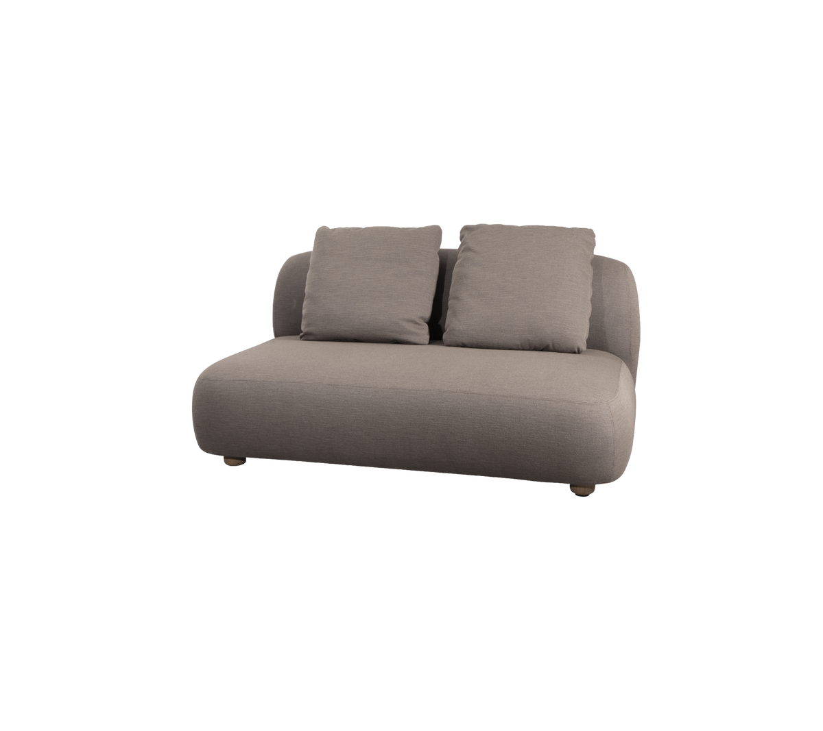 Comfortable, modern sofa in a soft gray fabric with two plush cushions, featuring rounded edges for a contemporary look.