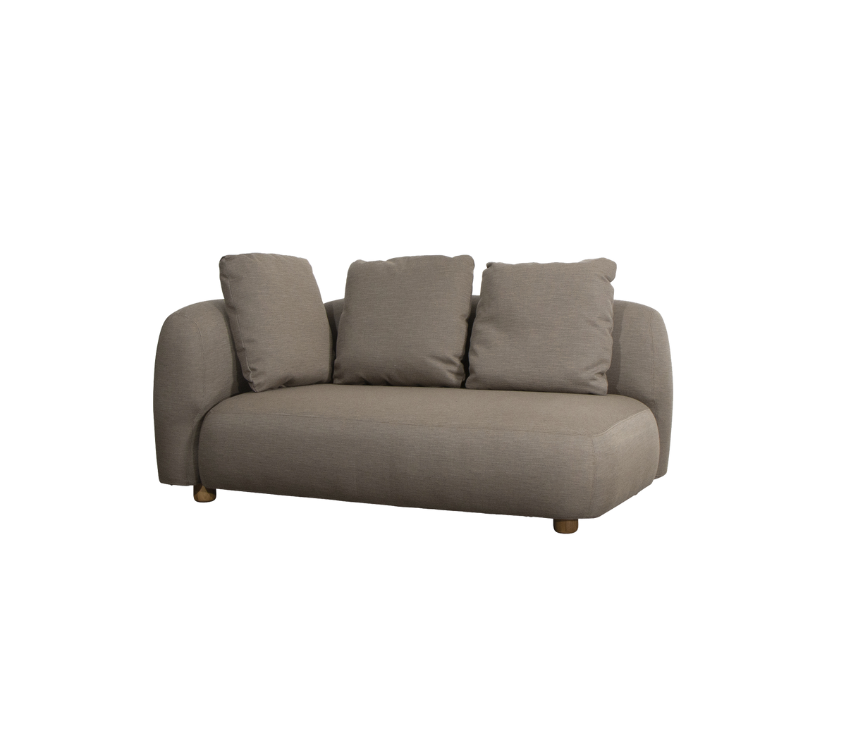 Stylish, modern sofa with three plush cushions and a soft fabric finish, featuring rounded edges and wooden legs.