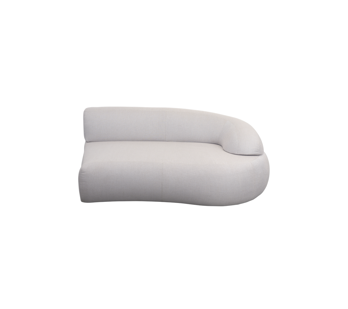 Curved, modern sofa in soft, neutral fabric, featuring a minimalist design with a smooth, rounded armrest.