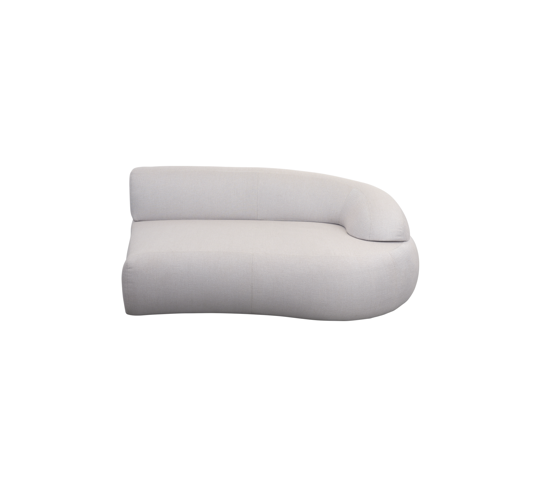 Curved, modern sofa in soft, neutral fabric, featuring a minimalist design with a smooth, rounded armrest.