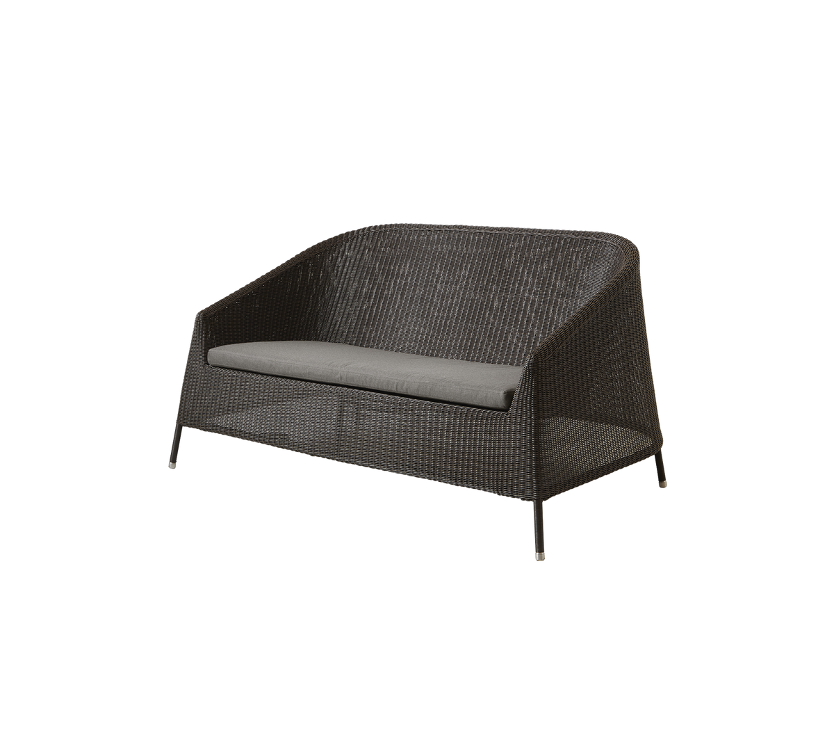 Stylish two-seater sofa with a durable woven design and a grey cushion, perfect for outdoor relaxation and comfort.