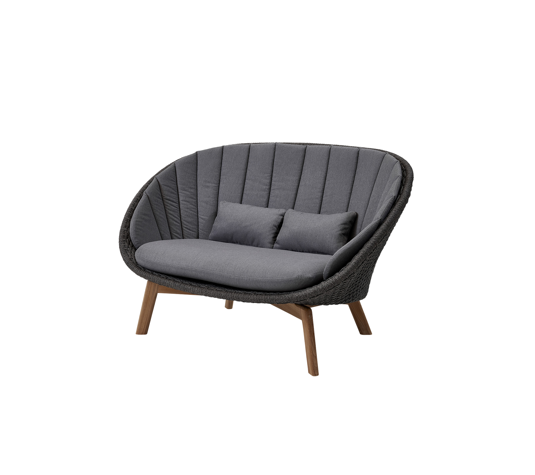 Curved two-seater sofa with a gray fabric seat and backrest, complemented by two accent cushions and wooden legs.