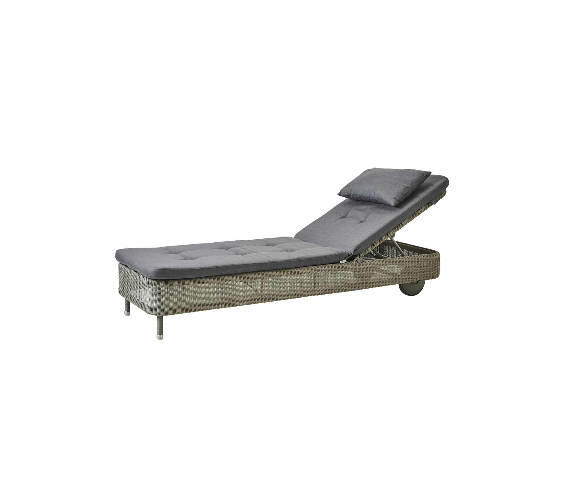 Stylish chaise lounge with a gray cushion, featuring a sleek design and adjustable backrest for relaxation.