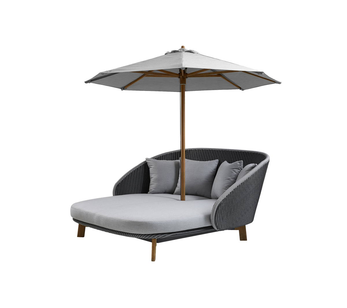 Stylish outdoor lounge chair with a cushioned seat, three decorative pillows, and a large umbrella for shade. Perfect for relaxation.