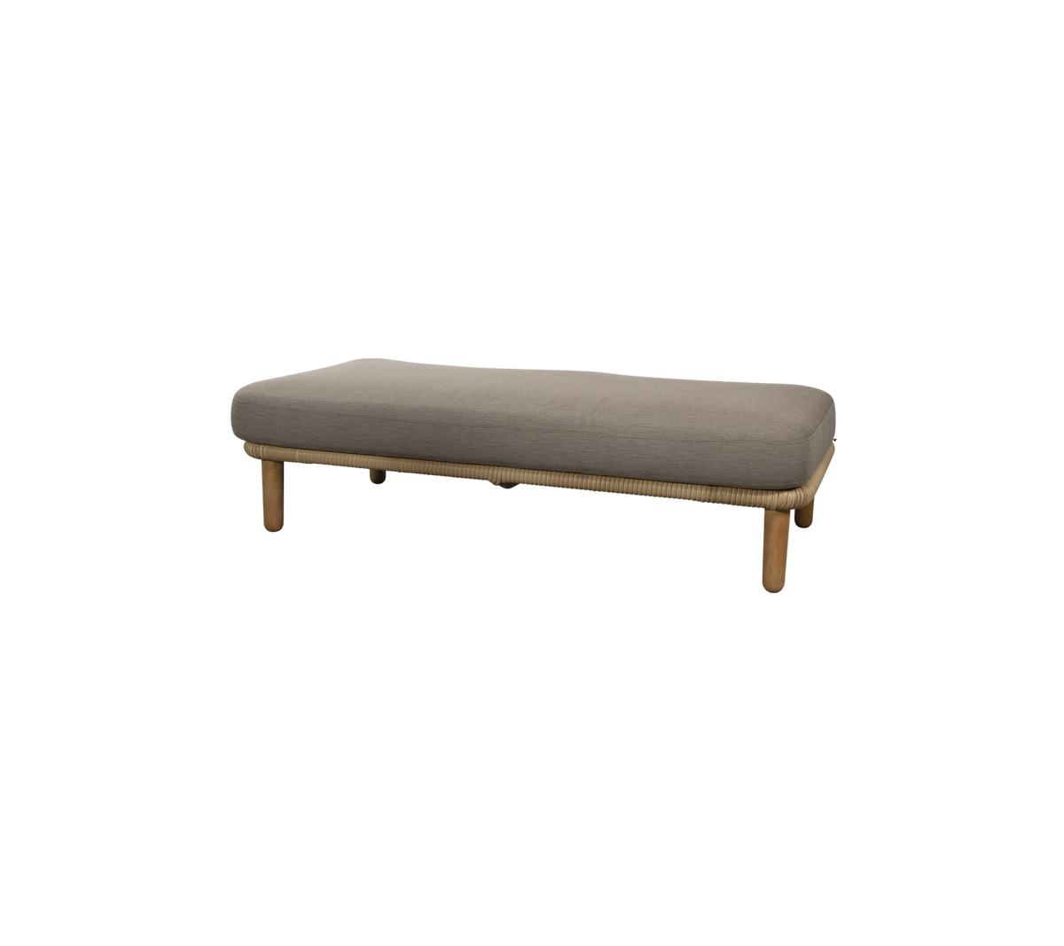 Minimalist bench with a sleek gray cushion and natural wood legs, ideal for versatile seating in various spaces.