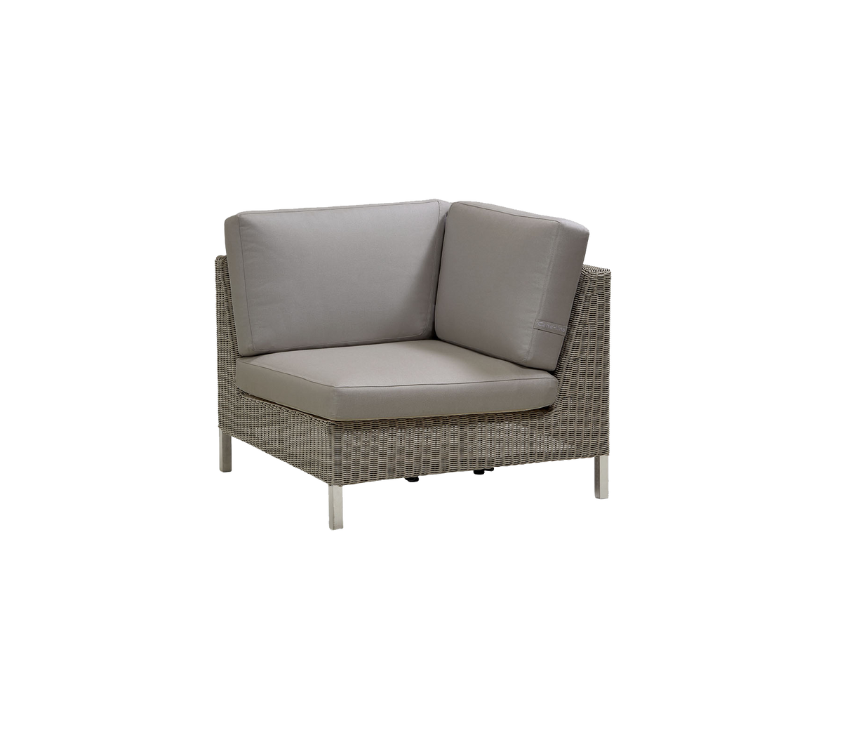 Stylish corner seating unit with a woven frame and plush cushions in neutral tones, perfect for modern decor.
