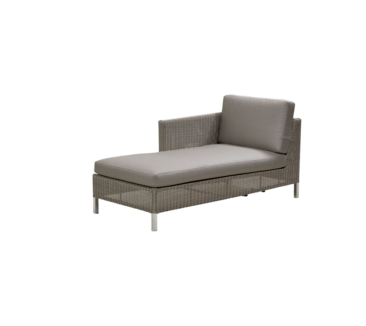 Stylish lounge chair with a woven frame and plush gray cushion, perfect for relaxation and outdoor spaces.