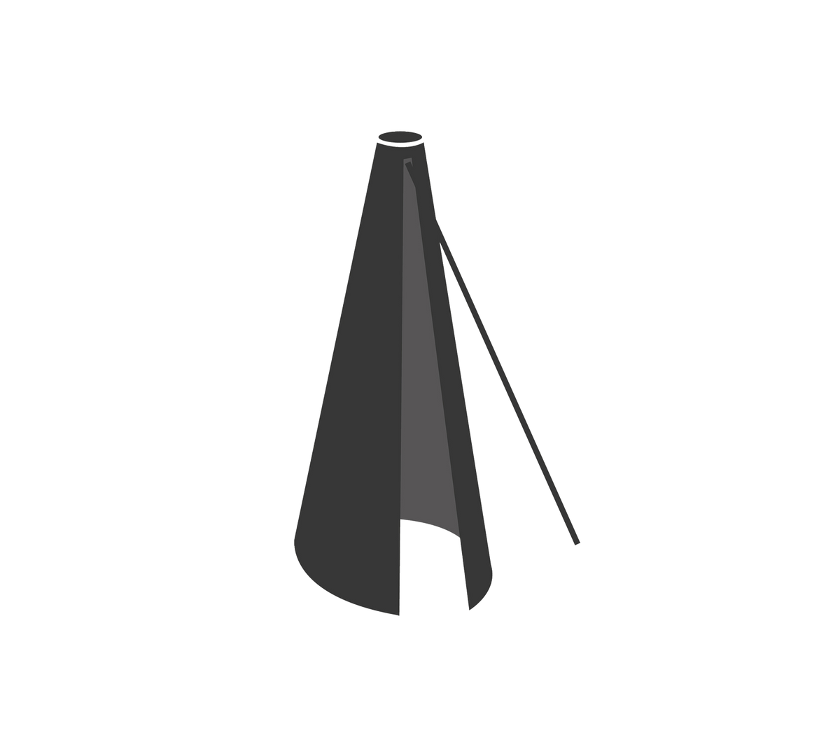 Stylized cone-shaped object with a tapered top and a side opening, supported by a thin rod.