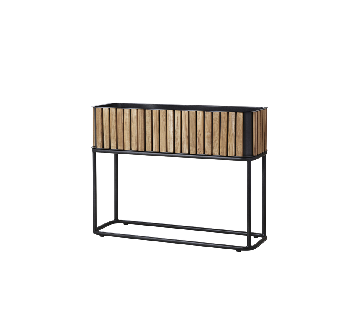 Wooden planter box with a slatted design, supported by a sleek metal frame, suitable for displaying plants or flowers.