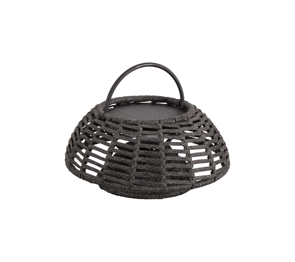 Round woven basket with a handle and a lid, designed for storage or display. Features a unique open weave pattern.