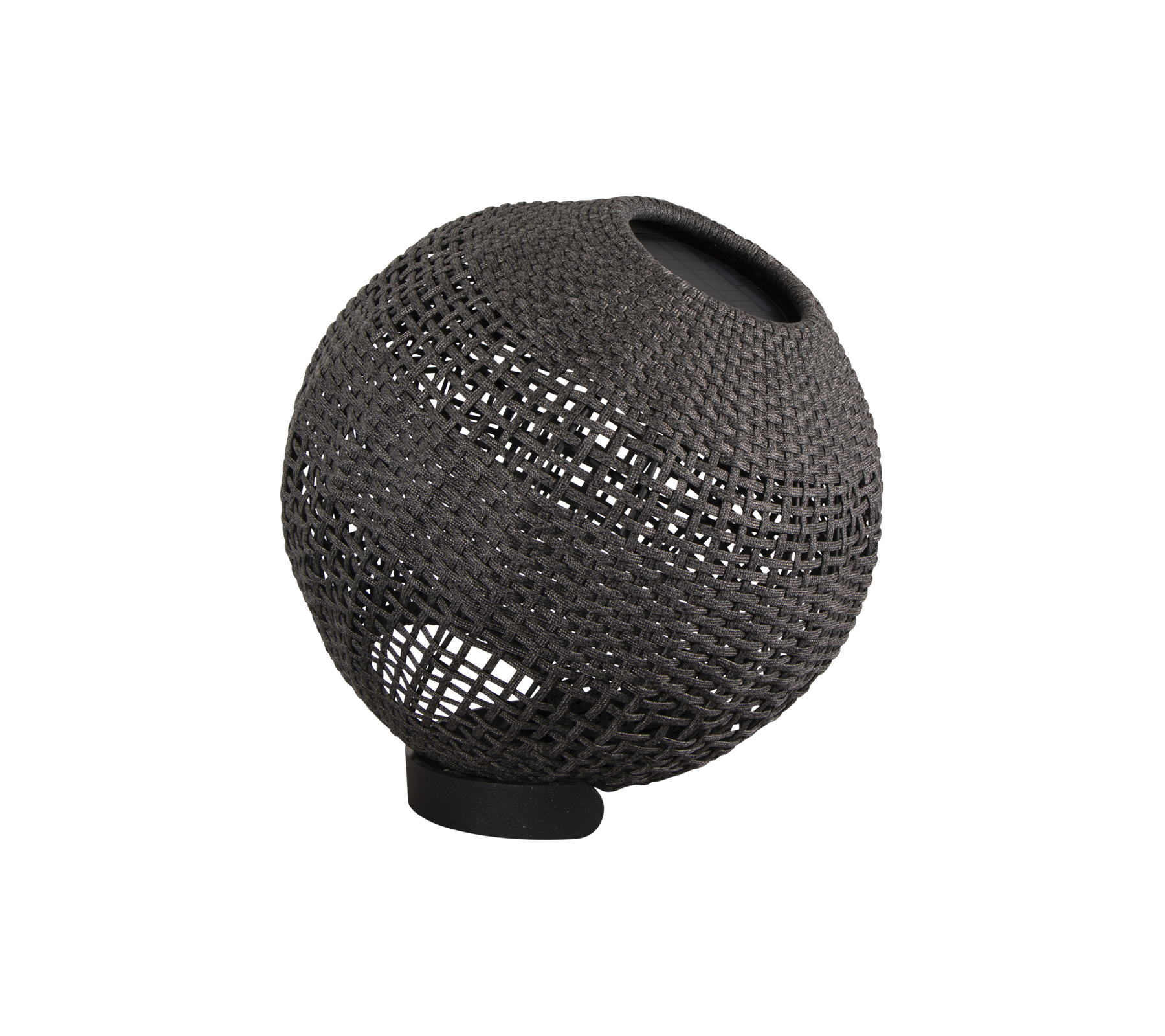 Decorative spherical lamp with a woven texture and a minimalist design, featuring a subtle light source for ambient illumination.