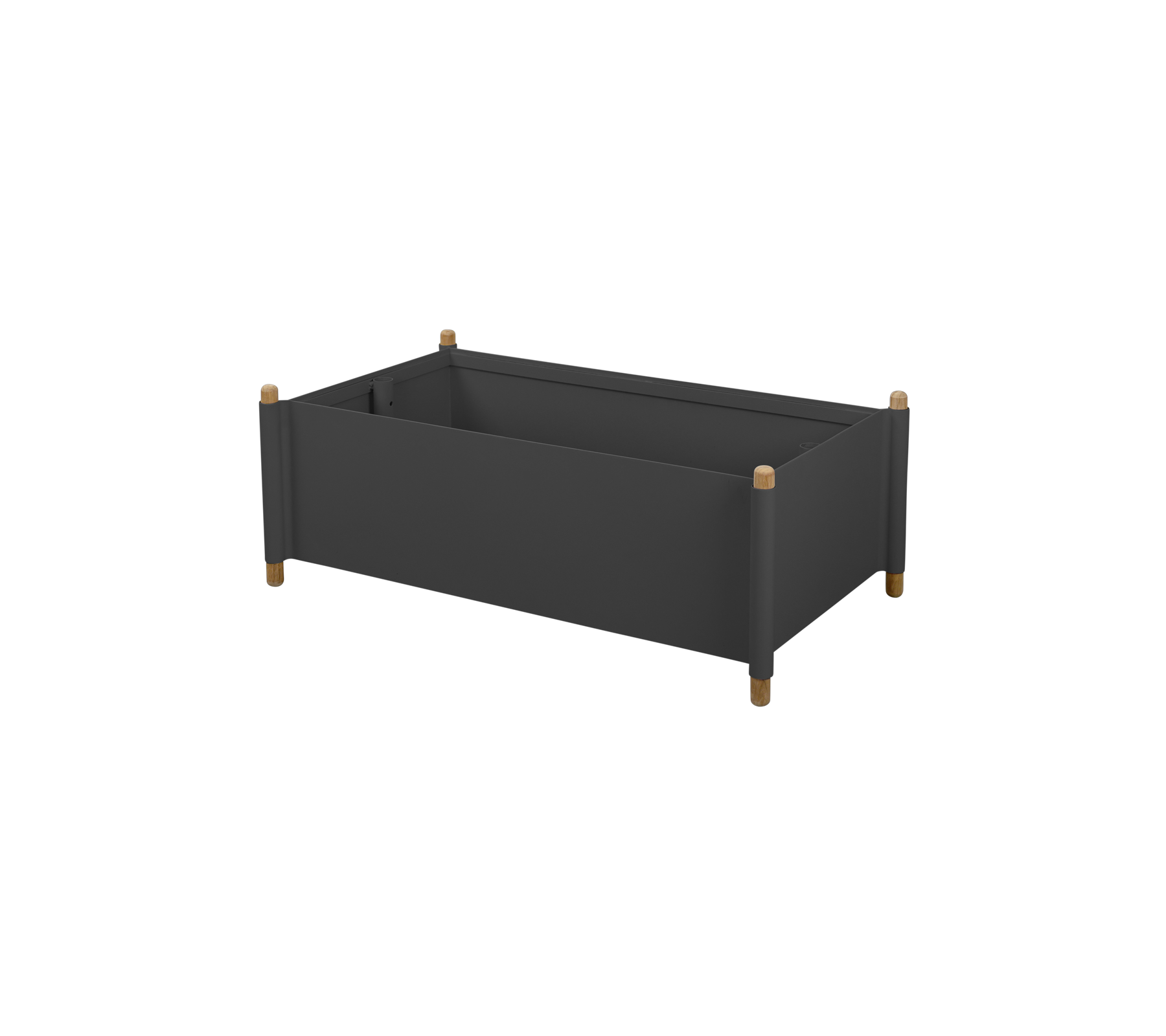 Stylish raised planter box in dark color with wooden legs, perfect for displaying plants and enhancing any garden or living space.