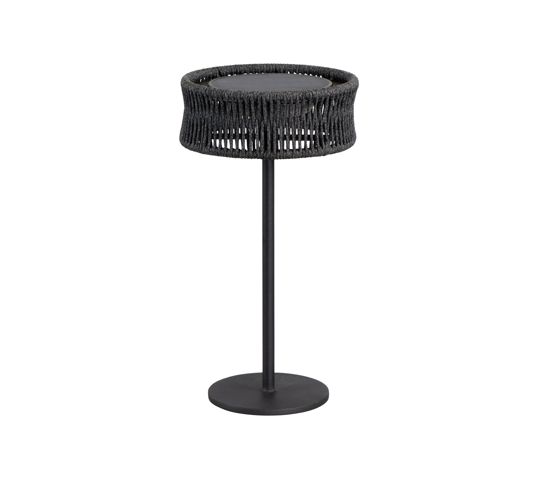 A sleek, modern table with a round top and a woven texture, supported by a simple black metal base.