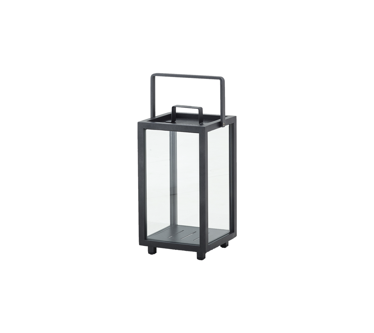 A stylish lantern featuring a sleek black frame and transparent glass panels, ideal for illuminating spaces with a modern touch.