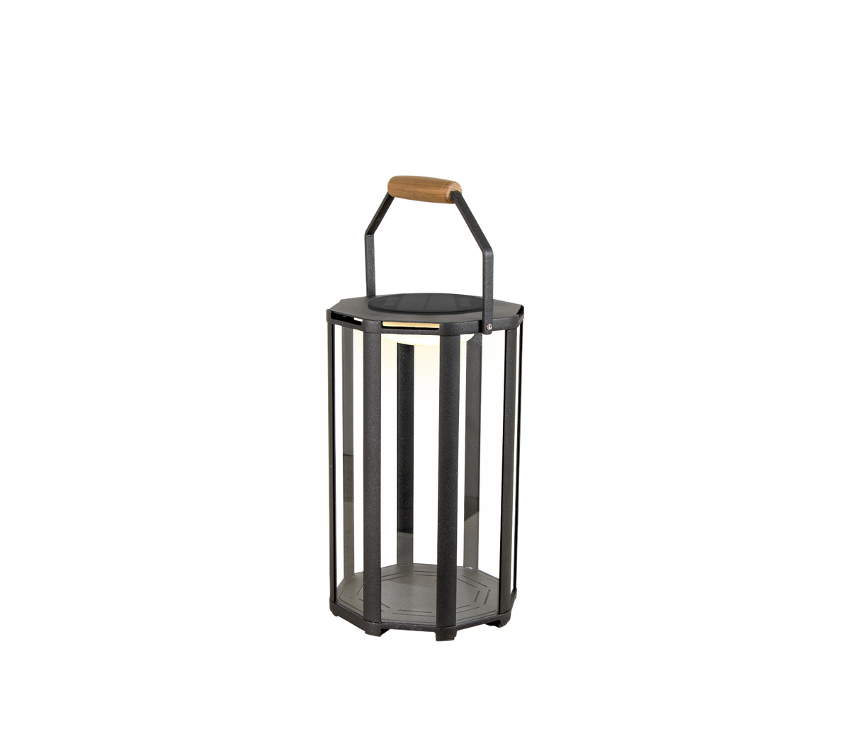 Stylish lantern with a metal frame and a wooden handle, featuring LED lighting for a modern touch.