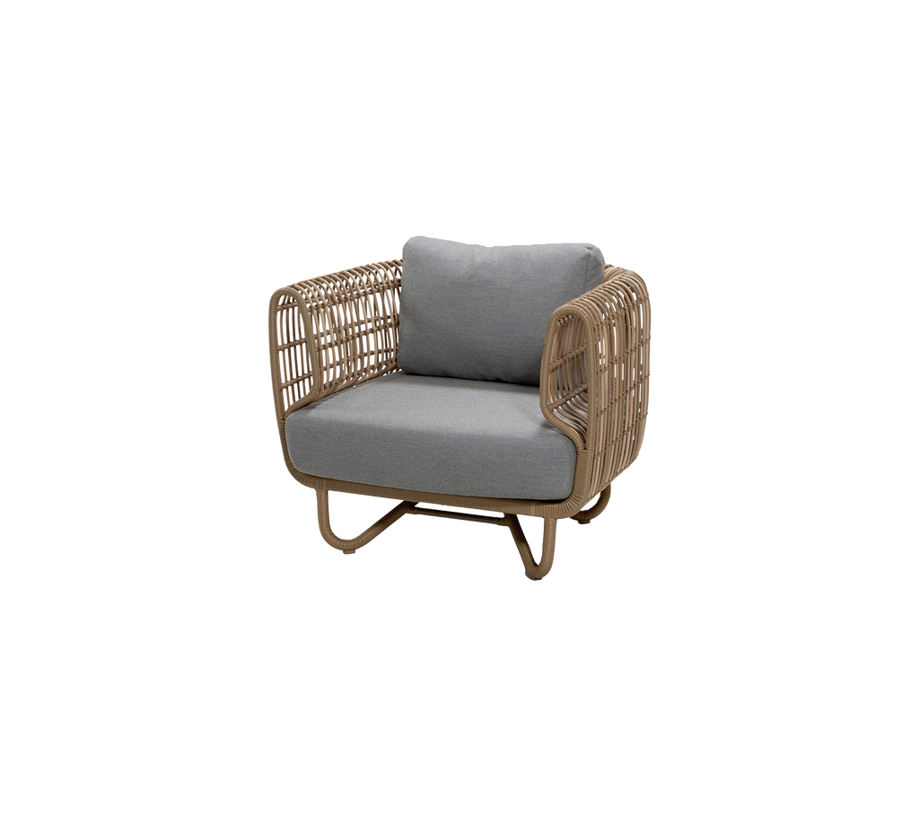 Modern chair with natural finish and grey cushion.