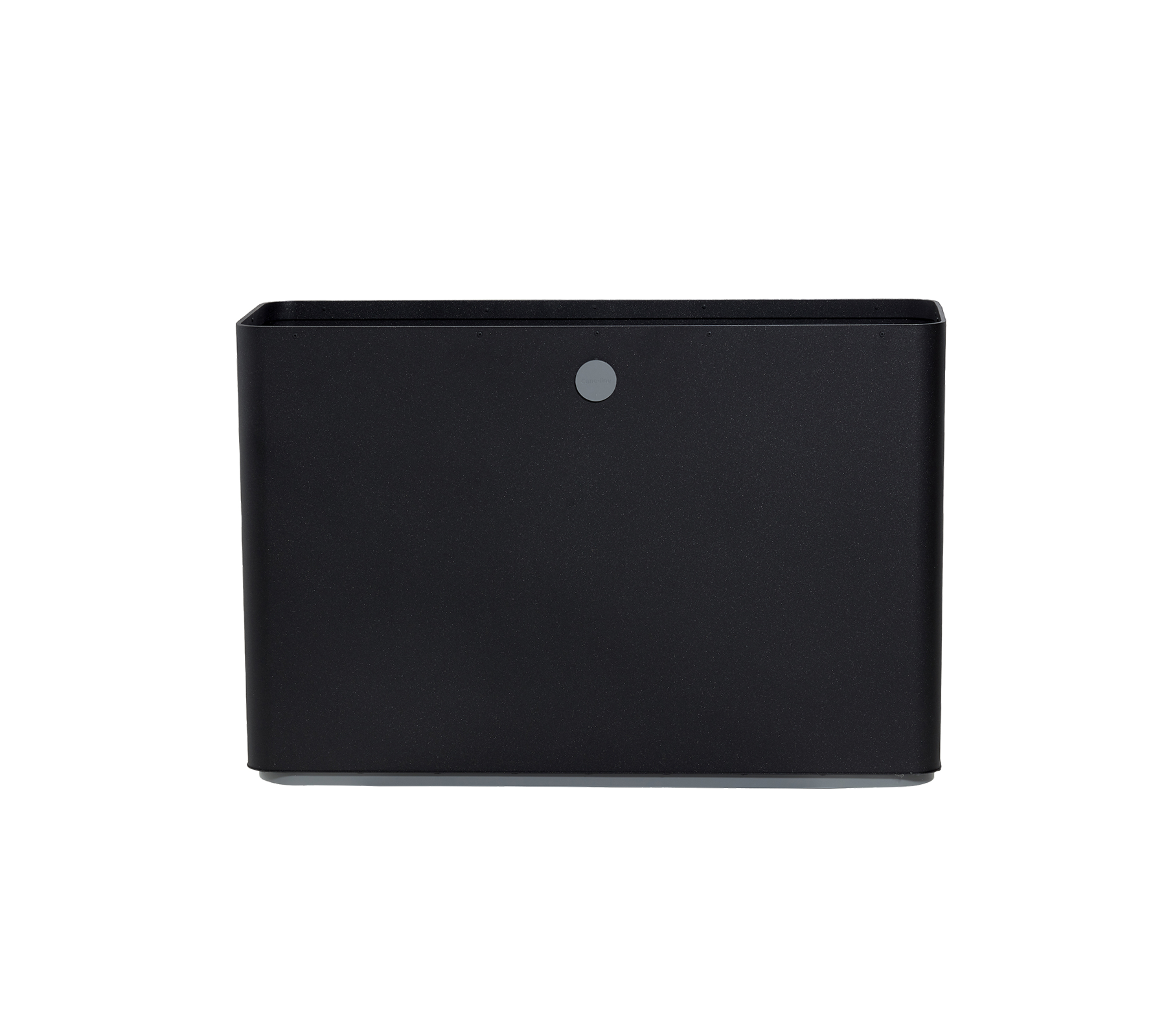 Black storage box with a sleek design and a small circular button on the front. Ideal for organizing items efficiently.