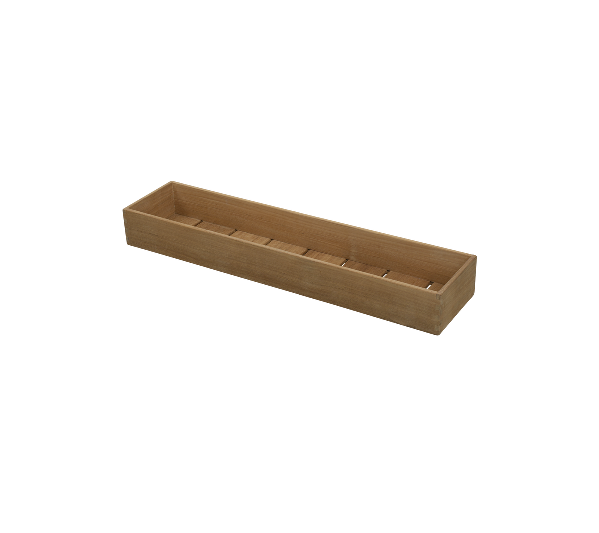 Wooden storage tray with multiple compartments for organizing items, featuring a long and rectangular design.
