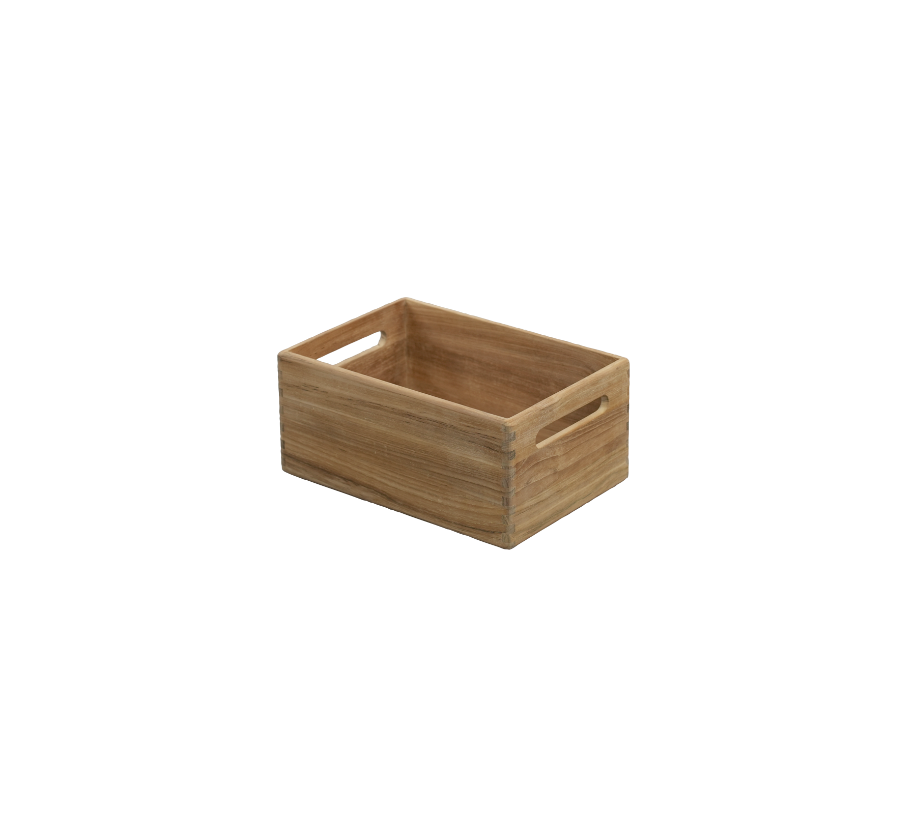 Teak crate with cutout handles.