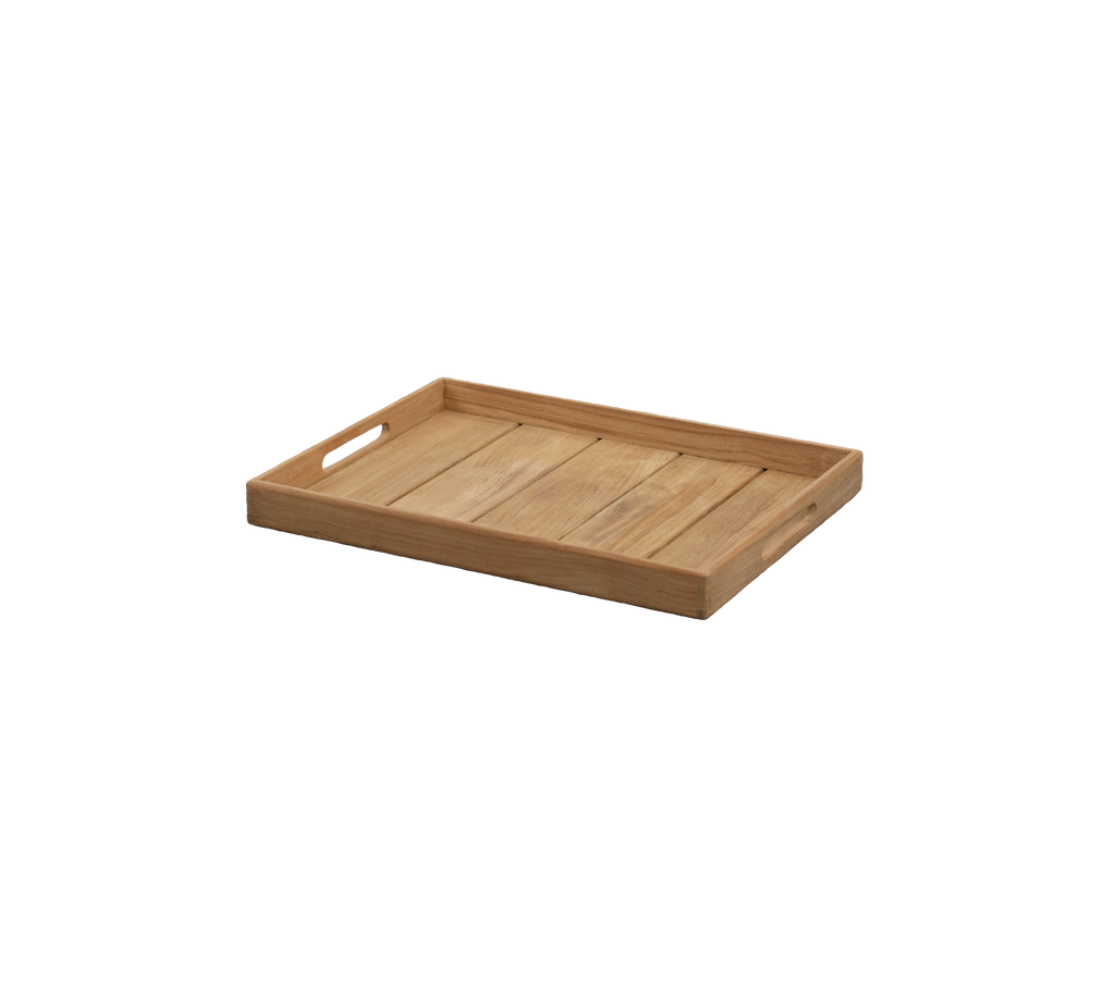 Teak tray with cut-out handles and a simple design.