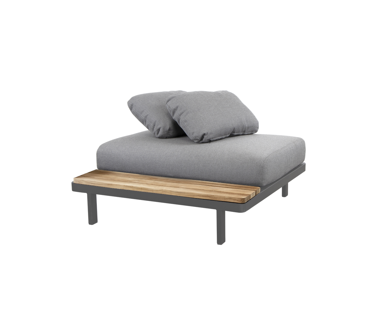 Stylish lounge seating featuring a cushioned gray surface and a wooden accent, perfect for relaxation and comfort.