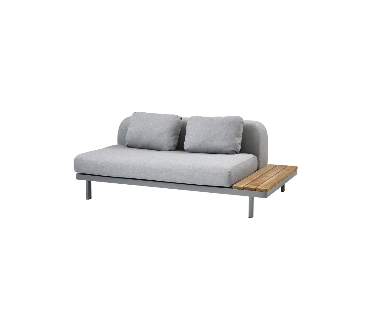 Modern sofa with a sleek design, featuring soft gray upholstery and a wooden side table for added functionality.
