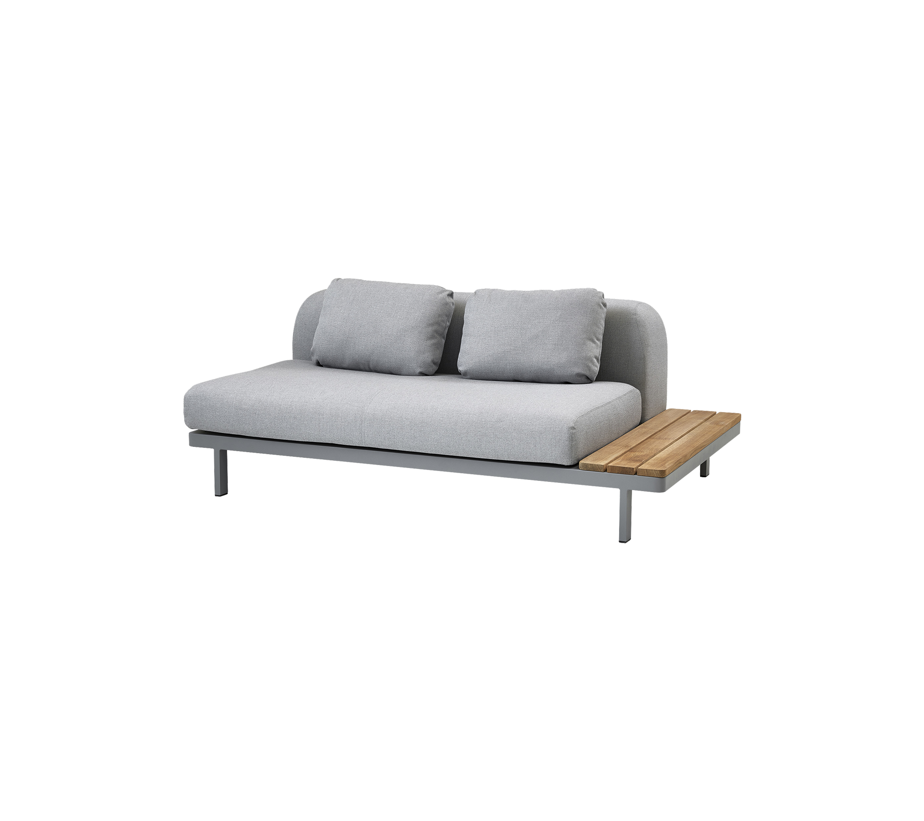 Modern sofa with a sleek design, featuring soft gray upholstery and a wooden side table for added functionality.