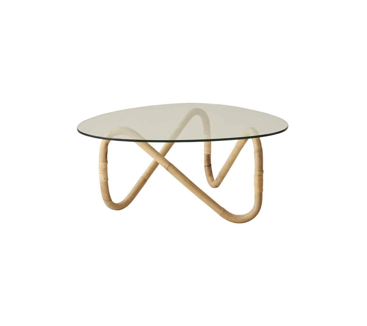 Coffee table featuring a round glass top supported by an elegant, wavy bamboo base, combining modern design with natural materials.