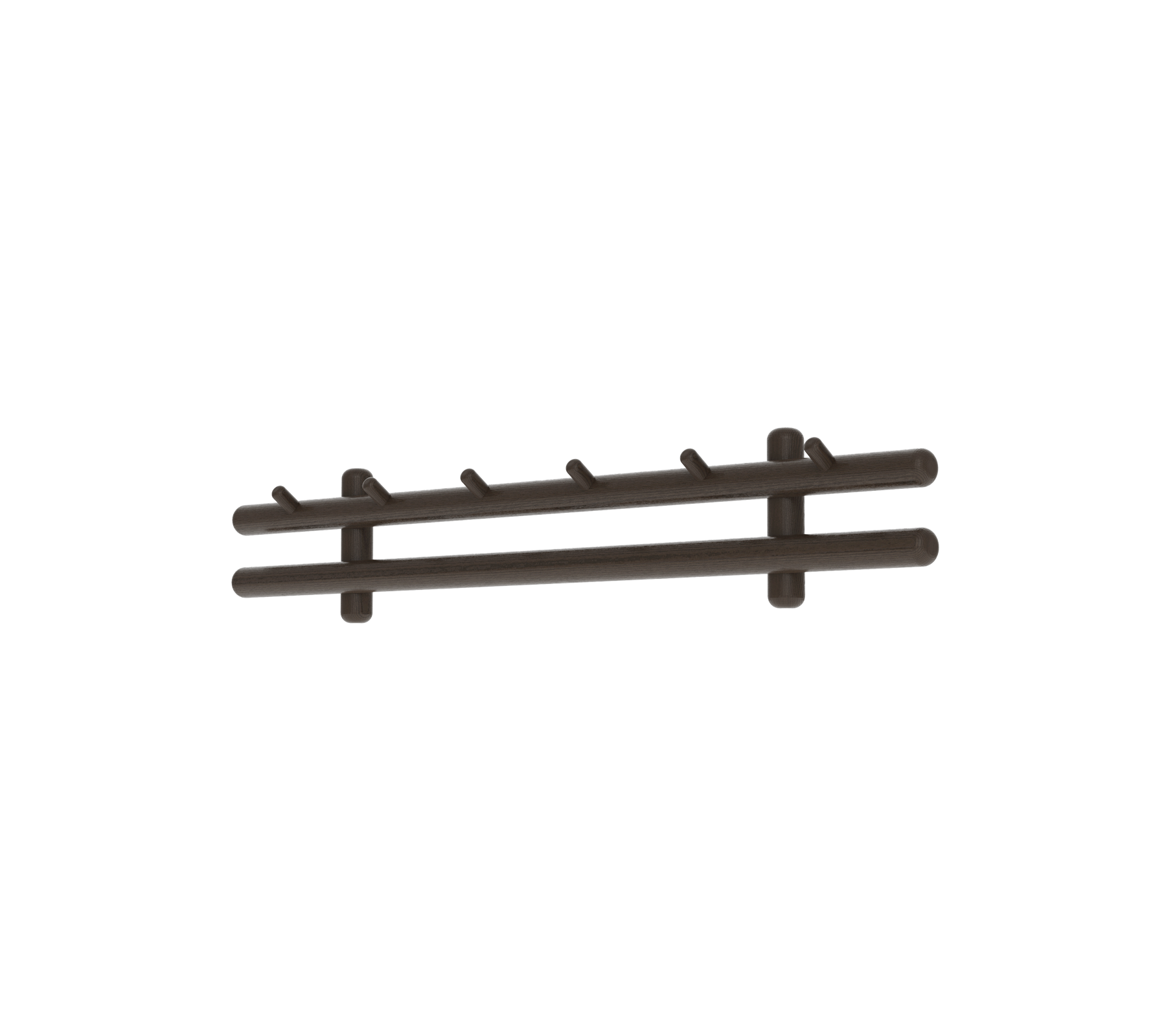 Dark brown wall-mounted coat rack with multiple hooks for hanging items.