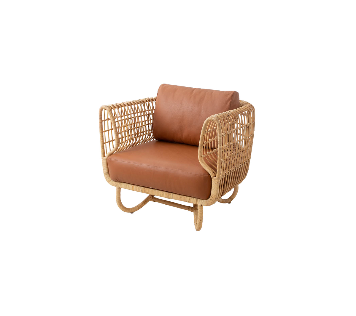 Stylish armchair featuring a rattan frame and brown leather cushion, combining comfort and modern design elements.