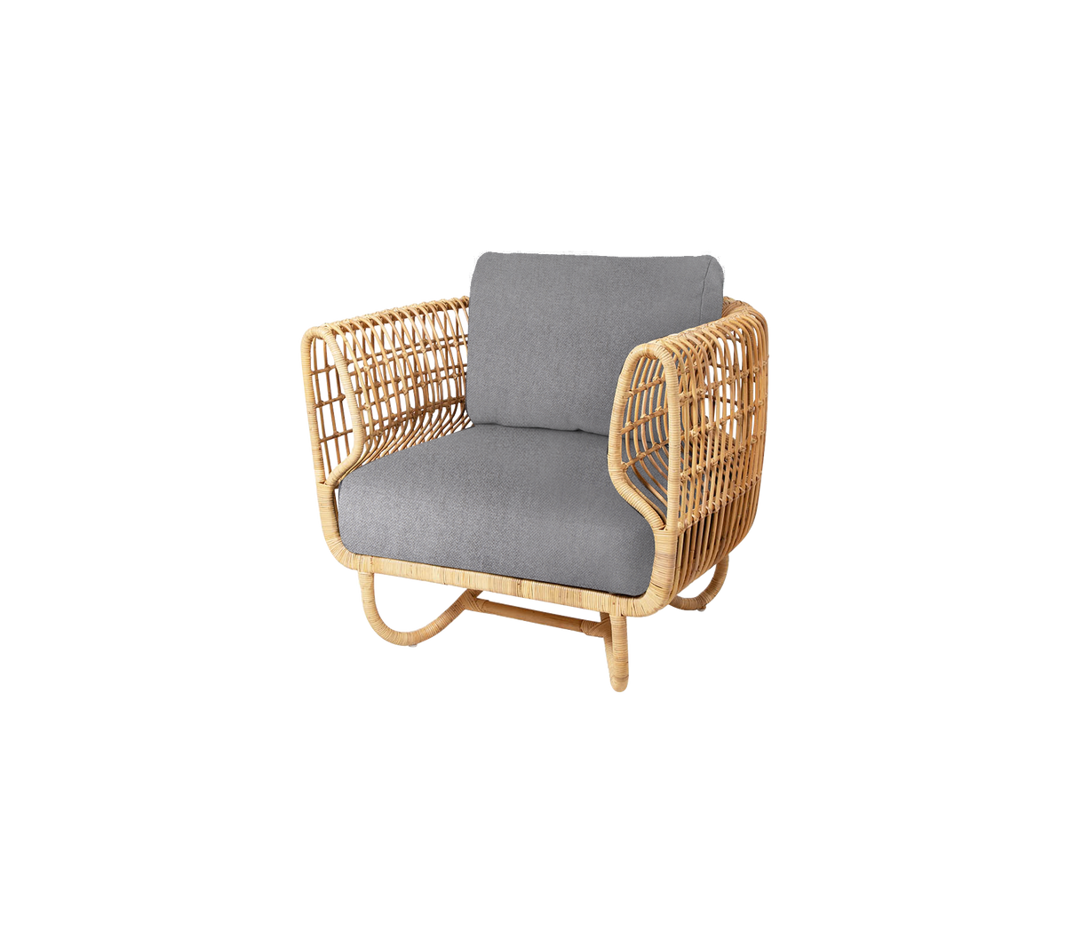 Natural woven armchair with a cushioned gray seat, featuring an elegant and modern design perfect for stylish seating.