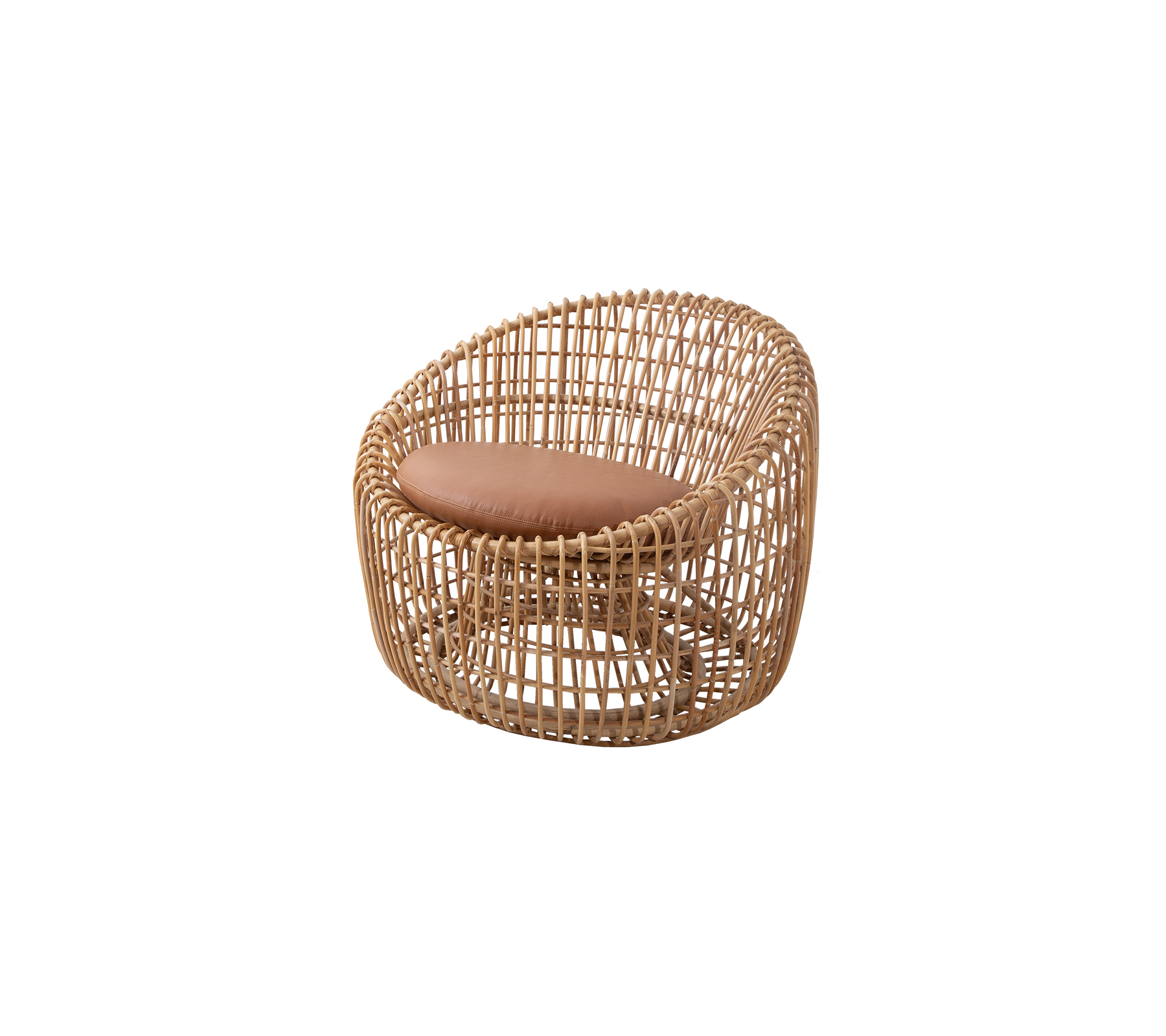 Woven rattan chair with a rounded design and a brown cushioned seat, offering a stylish and comfortable seating option.