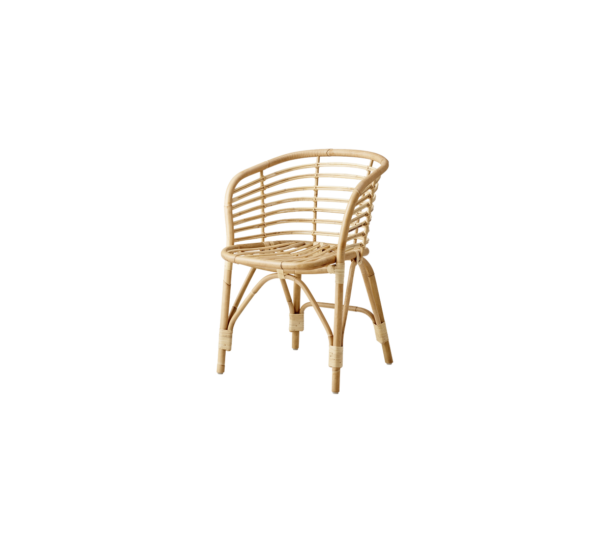 Natural rattan armchair with a curved design and woven patterns, showcasing a light, airy look suitable for various settings.
