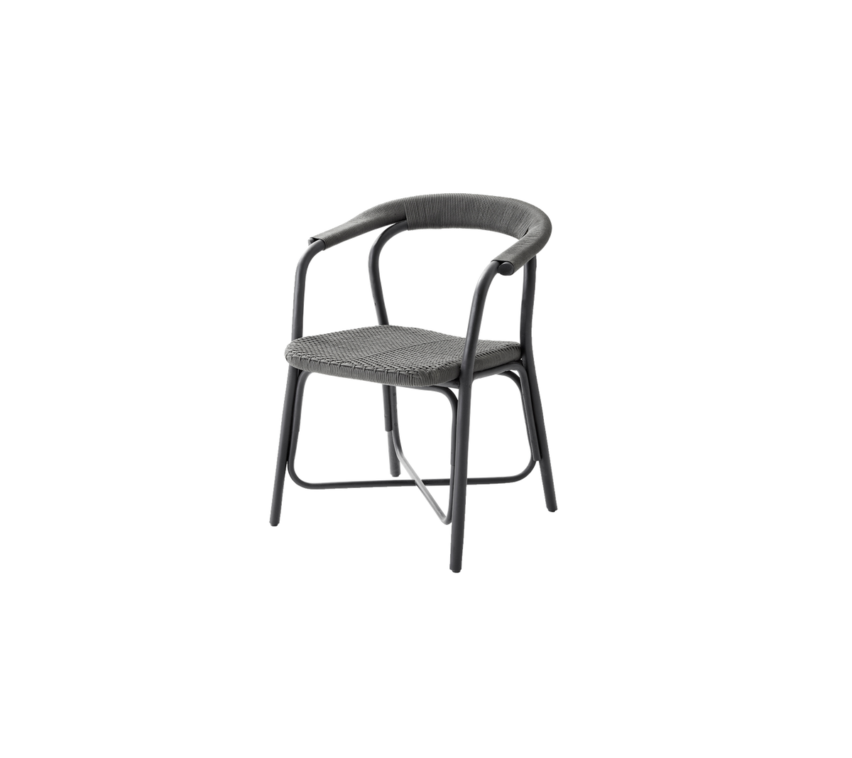 Stylish chair with a curved backrest and armrests, featuring a woven seat design and sturdy frame, perfect for modern seating needs.