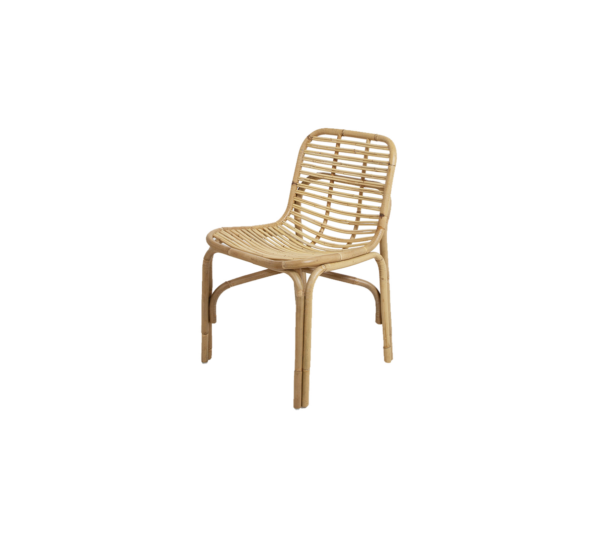 Natural woven chair with a minimalist design, featuring a curved backrest and sturdy legs, perfect for versatile seating.