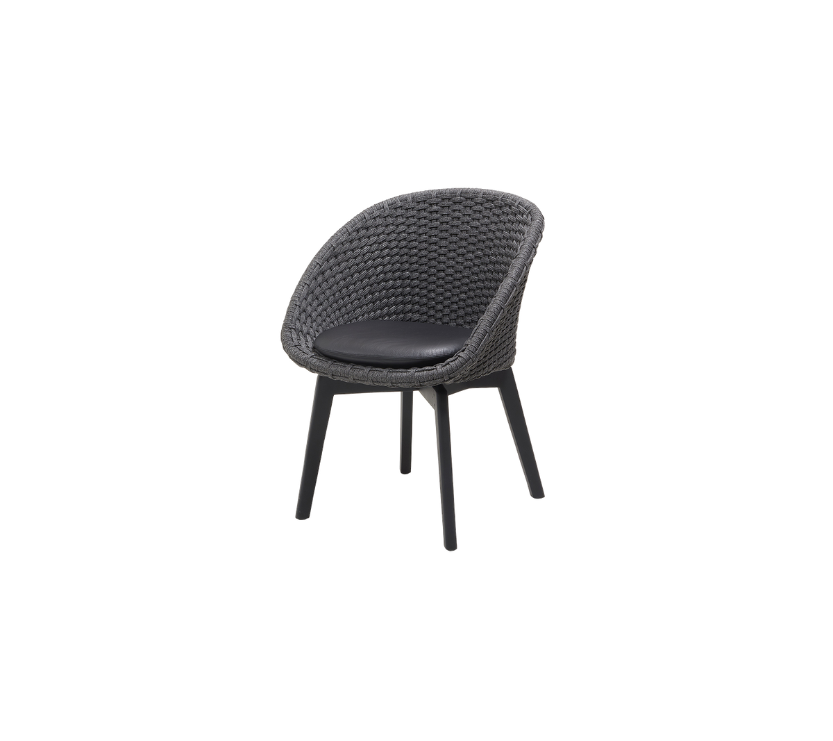 Stylish chair with a rounded woven seat and black cushioned surface, supported by sleek legs for modern seating.