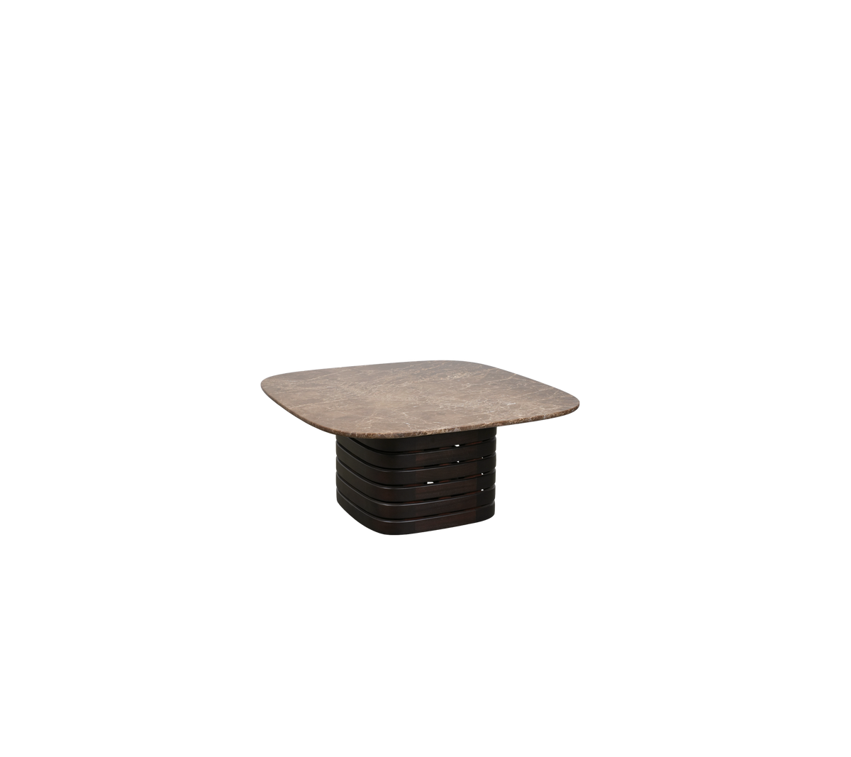 Dark brown table with a minimalistic design and square top.
