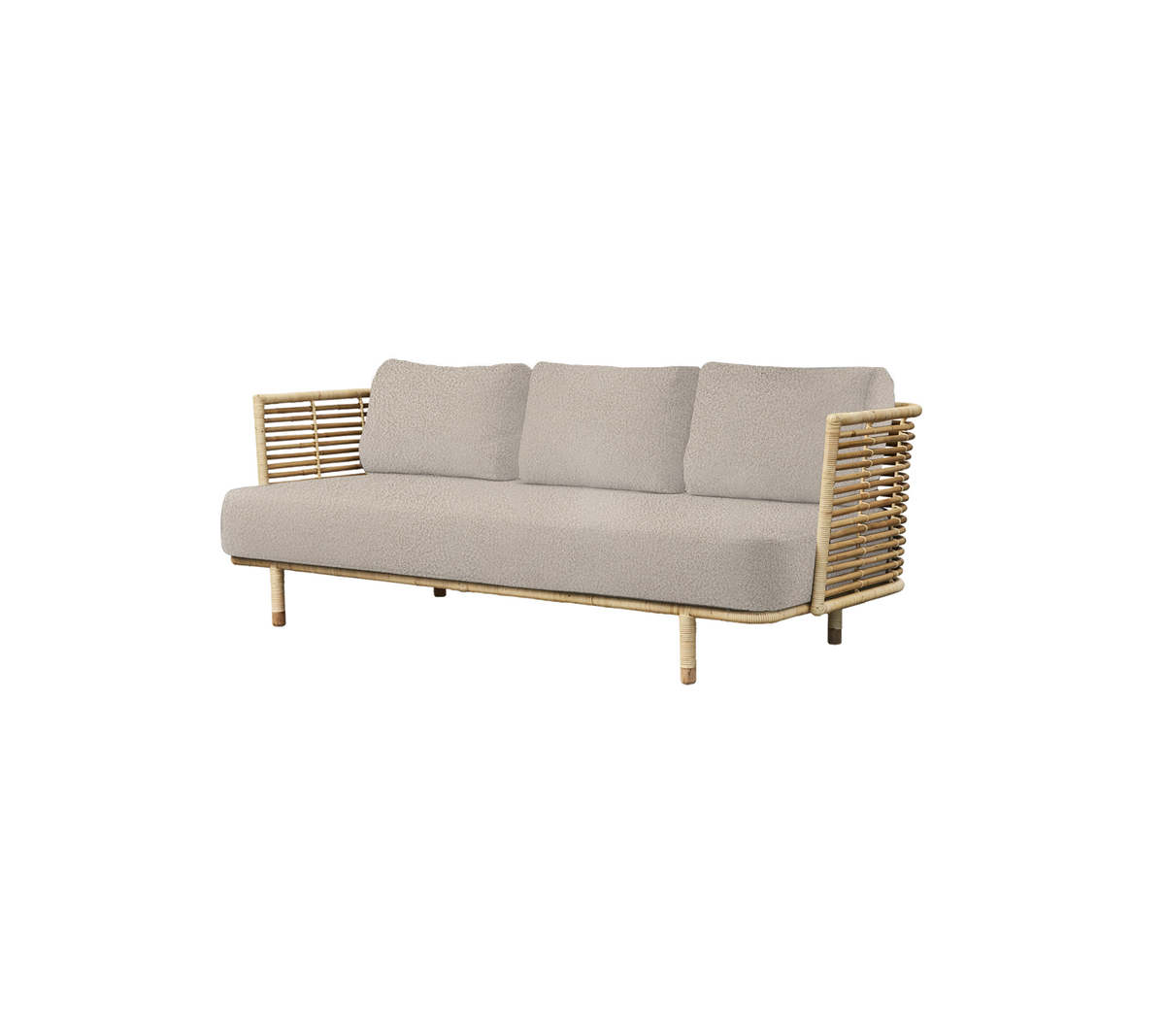 Stylish sofa featuring a light gray cushion with natural wood accents and distinctive side arm details, perfect for modern decor.