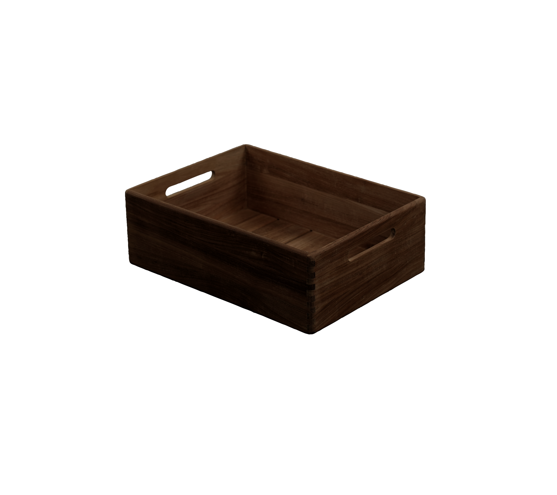 Dark brown crate with cut-out handles.