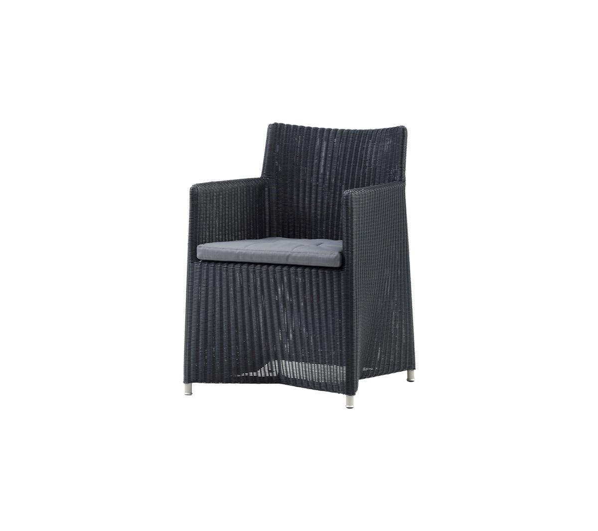Stylish black woven chair with a soft gray cushion, perfect for relaxation in any setting.