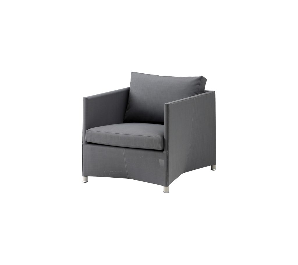 Modern grey chair with a simple design and cushion.